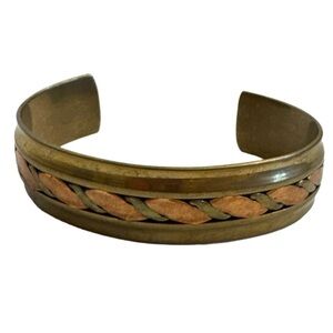 Vintage Adjustable Brass Gap Cuff Bracelet w/ Solid Copper Center Braded Design